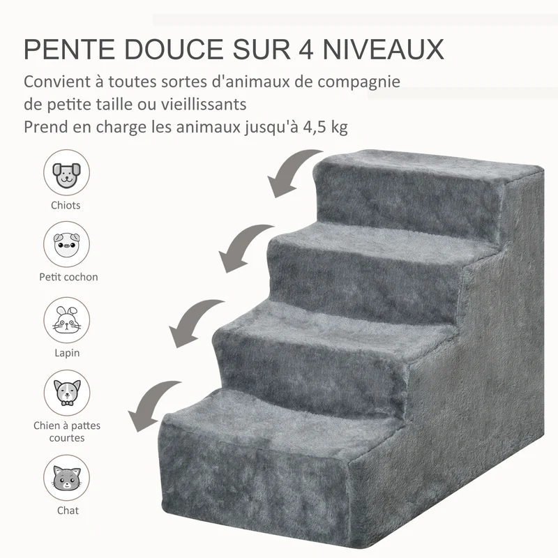 Escalier pour animaux 4 marches escalier de canapé 60 x 35 x 44 cm antidérapant léger moderne salon en bois gris clair 21_0007405