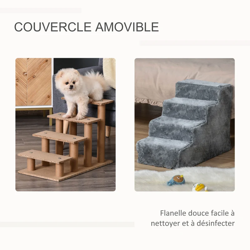 Escalier pour animaux 4 marches escalier de canapé 60 x 35 x 44 cm antidérapant léger moderne salon en bois gris clair 21_0007405