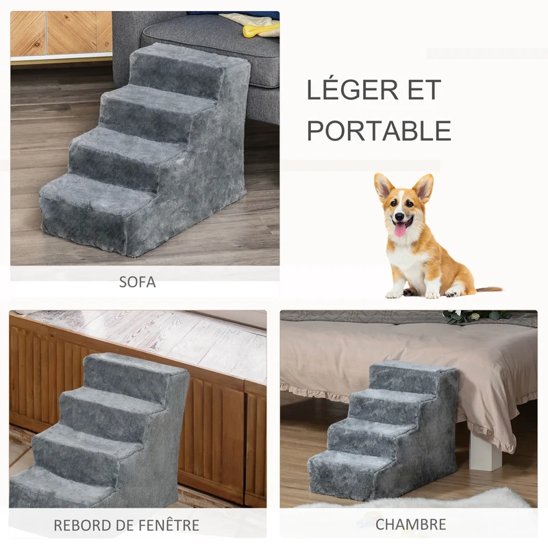 Escalier pour animaux 4 marches escalier de canapé 60 x 35 x 44 cm antidérapant léger moderne salon en bois gris clair 21_0007405