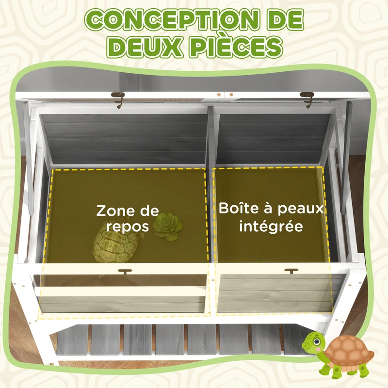 Enclos pour tortues sur pieds double 84 x 51 x 103 cm étagère plateau coulissant cosy contemporain en bois gris clair 21_0007833