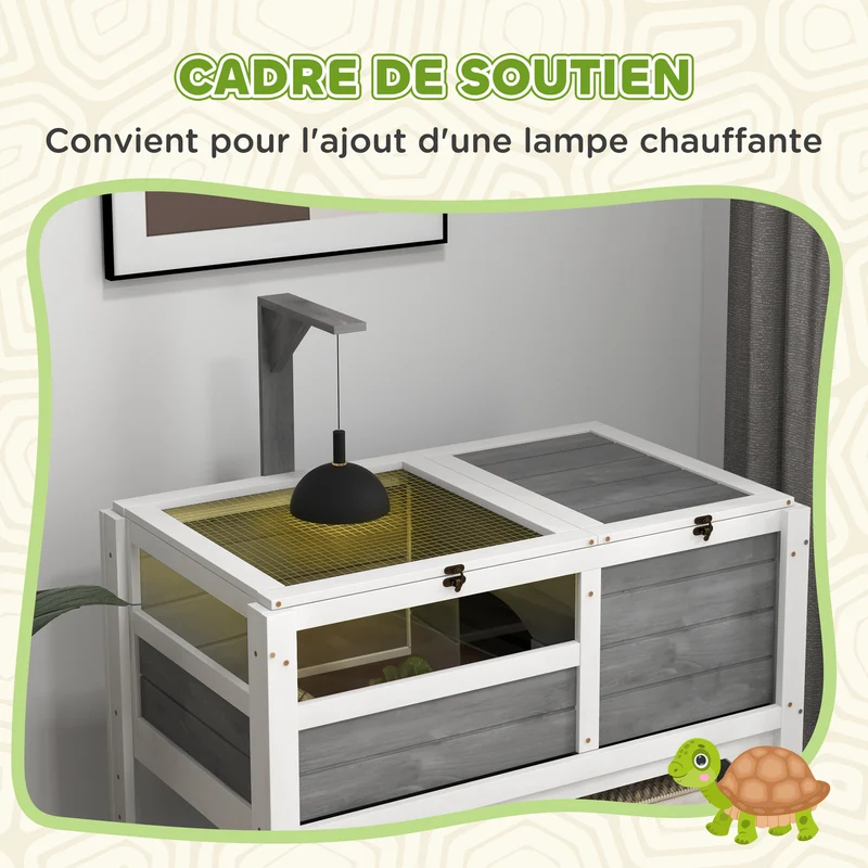 Enclos pour tortues sur pieds double 84 x 51 x 103 cm étagère plateau coulissant cosy contemporain en bois gris clair 21_0007833