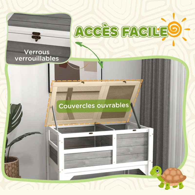 Enclos pour tortues sur pieds double 84 x 51 x 103 cm étagère plateau coulissant cosy contemporain en bois gris clair 21_0007833