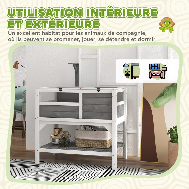 Enclos pour tortues sur pieds double 84 x 51 x 103 cm étagère plateau coulissant cosy contemporain en bois gris clair 21_0007833