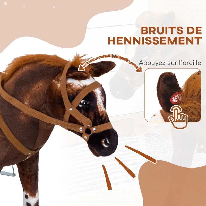 Cheval en peluche debout enfant 85 x 28 x 60 cm sons hennissement galop selle et rênes style rustique en peluche marron 21_0000274