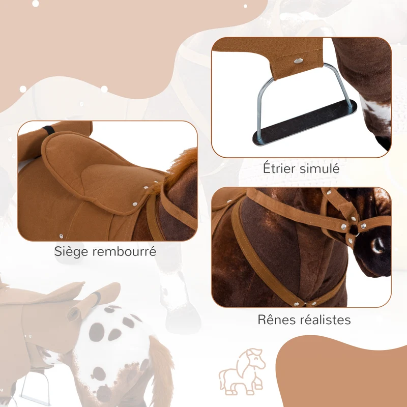 Cheval en peluche debout enfant 85 x 28 x 60 cm sons hennissement galop selle et rênes style rustique en peluche marron 21_0000274