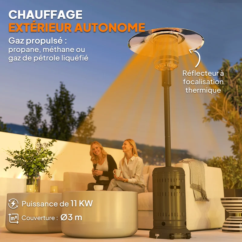 Chauffage extérieur gaz terrasse 82 x 82 x 223 cm chaleur réglable sécurité basculement moderne design en aluminium noir 21_0003914