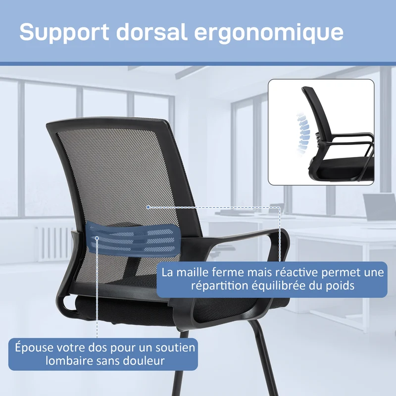 Chaise de conférence 58,5 x 57,5 x 93 cm dossier ergonomique assise mousse avec base traîneau moderne en polyester noir 21_0006296