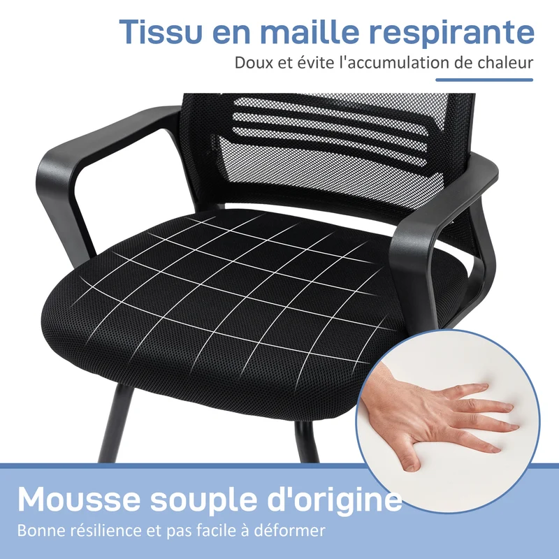 Chaise de conférence 58,5 x 57,5 x 93 cm dossier ergonomique assise mousse avec base traîneau moderne en polyester noir 21_0006296