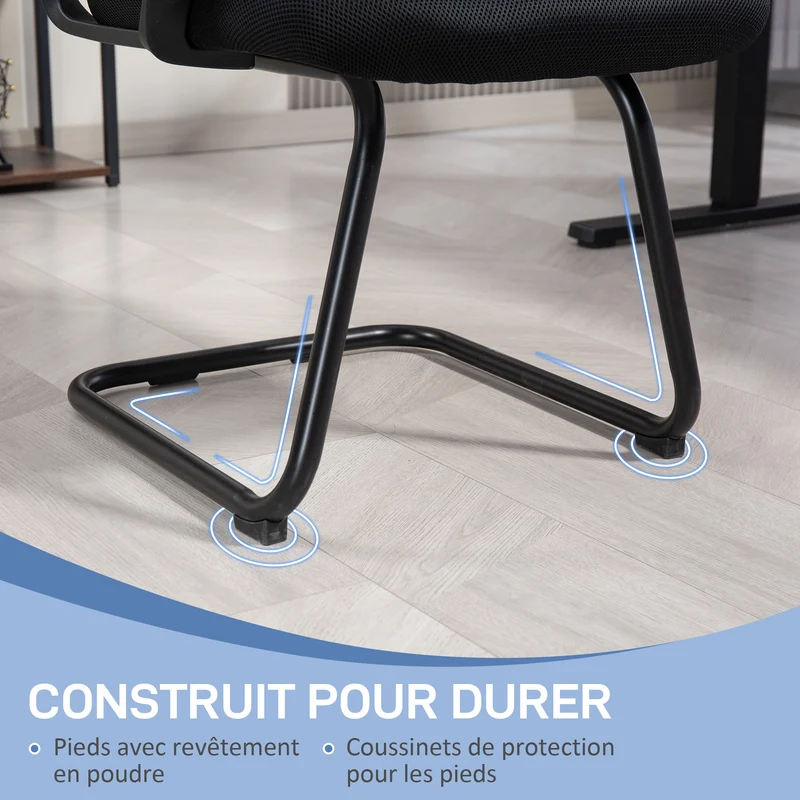 Chaise de conférence 58,5 x 57,5 x 93 cm dossier ergonomique assise mousse avec base traîneau moderne en polyester noir 21_0006296