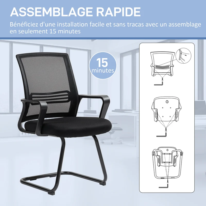 Chaise de conférence 58,5 x 57,5 x 93 cm dossier ergonomique assise mousse avec base traîneau moderne en polyester noir 21_0006296