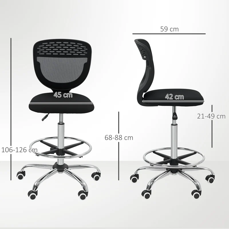 Chaise de bureau haute 59 x 59 x 106-126 cm assise rembourrée repose-pieds réglable design contemporain en maille noir 21_0006239