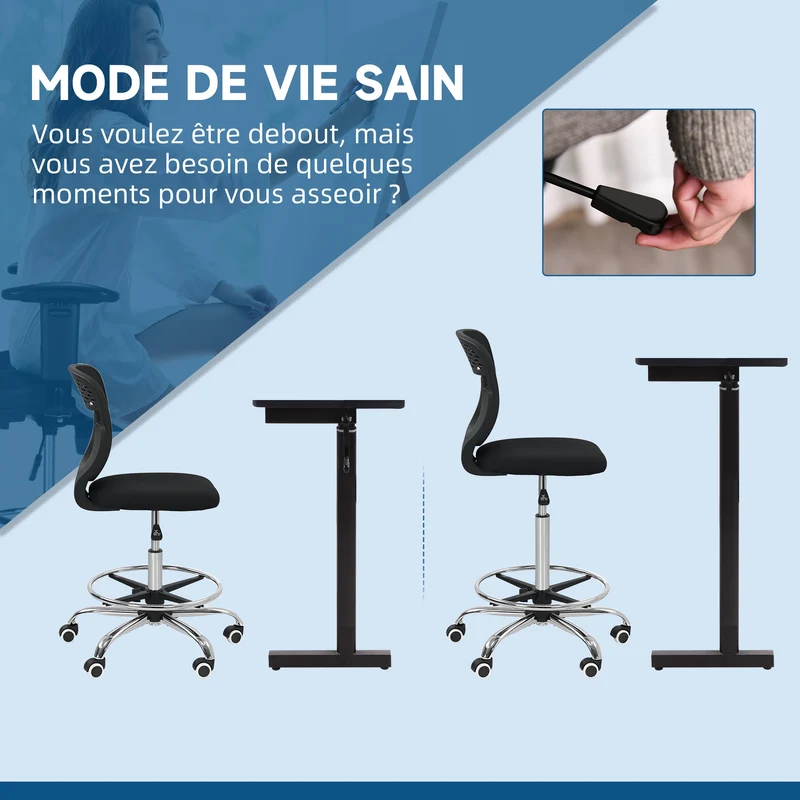 Chaise de bureau haute 59 x 59 x 106-126 cm assise rembourrée repose-pieds réglable design contemporain en maille noir 21_0006239
