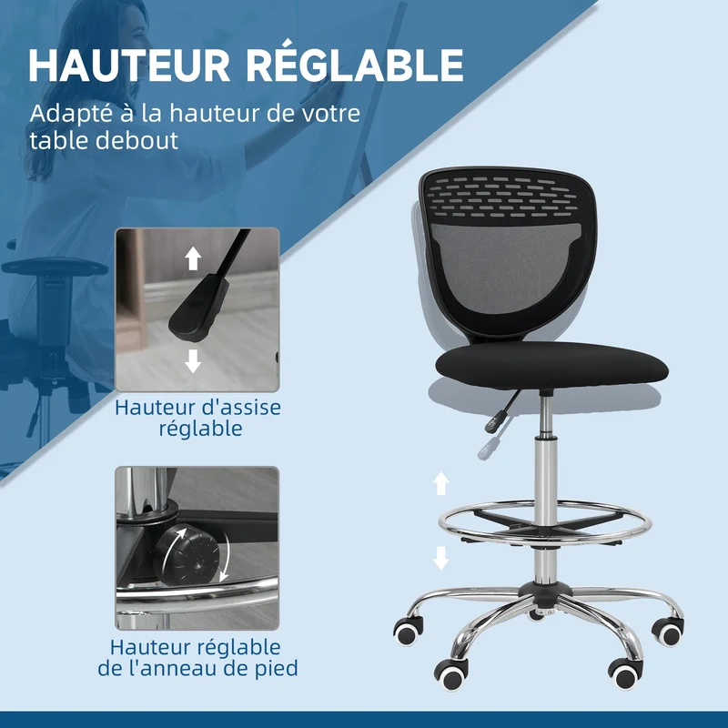 Chaise de bureau haute 59 x 59 x 106-126 cm assise rembourrée repose-pieds réglable design contemporain en maille noir 21_0006239