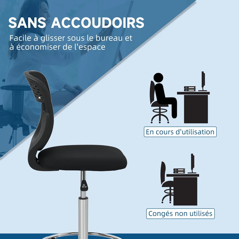 Chaise de bureau haute 59 x 59 x 106-126 cm assise rembourrée repose-pieds réglable design contemporain en maille noir 21_0006239