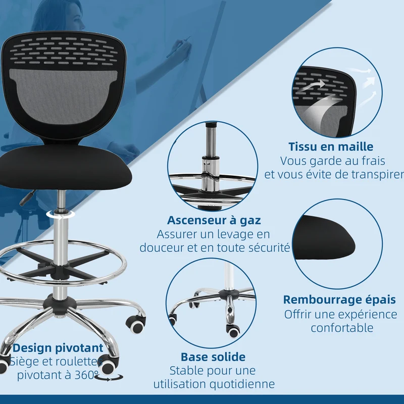 Chaise de bureau haute 59 x 59 x 106-126 cm assise rembourrée repose-pieds réglable design contemporain en maille noir 21_0006239