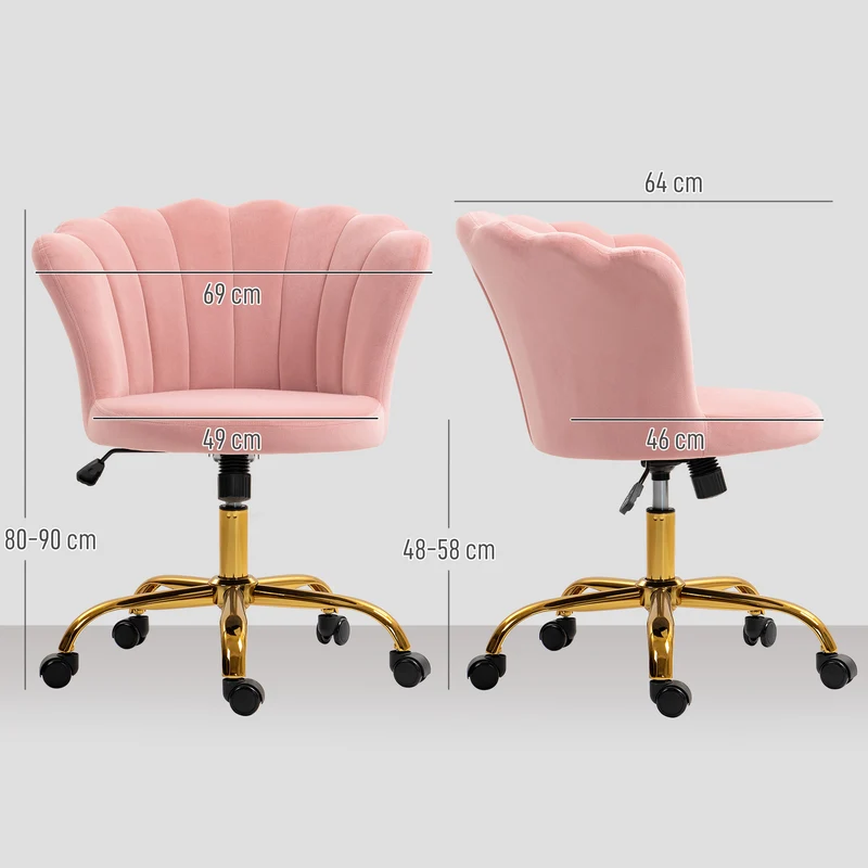 Chaise de bureau forme pétale 69 x 64 x 80-90 cm assise réglable et bascule style moderne scandinave en velours rose 21_0006266