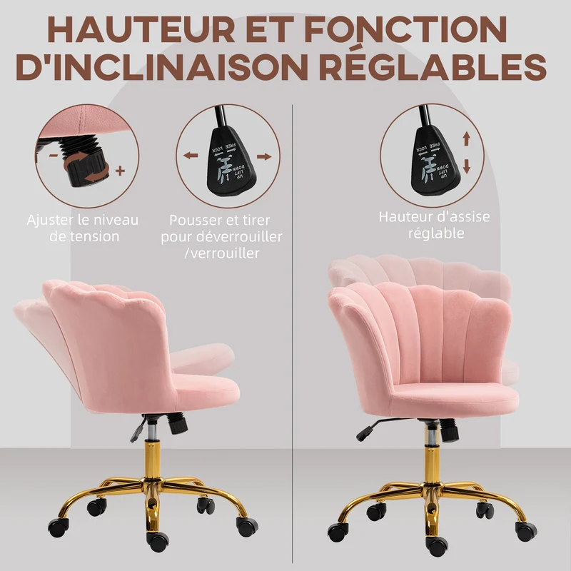 Chaise de bureau forme pétale 69 x 64 x 80-90 cm assise réglable et bascule style moderne scandinave en velours rose 21_0006266