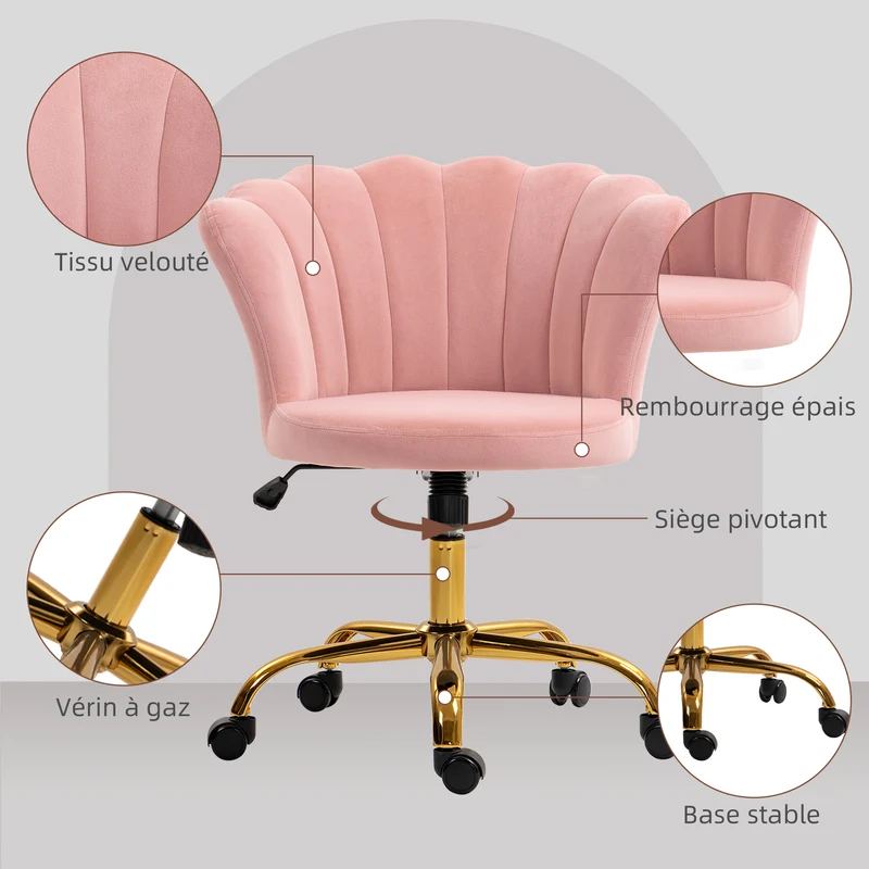 Chaise de bureau forme pétale 69 x 64 x 80-90 cm assise réglable et bascule style moderne scandinave en velours rose 21_0006266