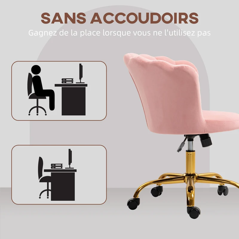 Chaise de bureau forme pétale 69 x 64 x 80-90 cm assise réglable et bascule style moderne scandinave en velours rose 21_0006266