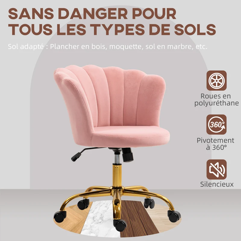 Chaise de bureau forme pétale 69 x 64 x 80-90 cm assise réglable et bascule style moderne scandinave en velours rose 21_0006266