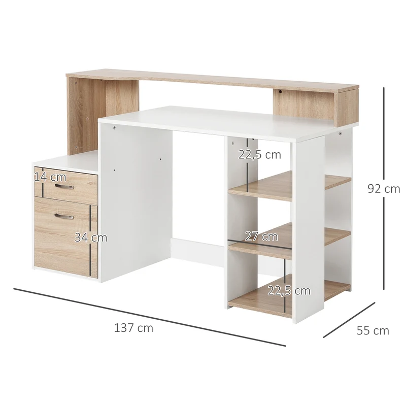 Bureau informatique rangement 137 x 55 x 92 cm grand plateau 2 tiroirs étagères ouvertes style moderne cosy en MDF chêne 21_0006122