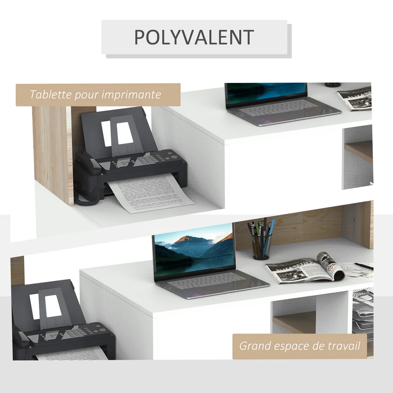 Bureau informatique rangement 137 x 55 x 92 cm grand plateau 2 tiroirs étagères ouvertes style moderne cosy en MDF chêne 21_0006122