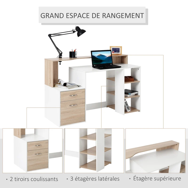 Bureau informatique rangement 137 x 55 x 92 cm grand plateau 2 tiroirs étagères ouvertes style moderne cosy en MDF chêne 21_0006122