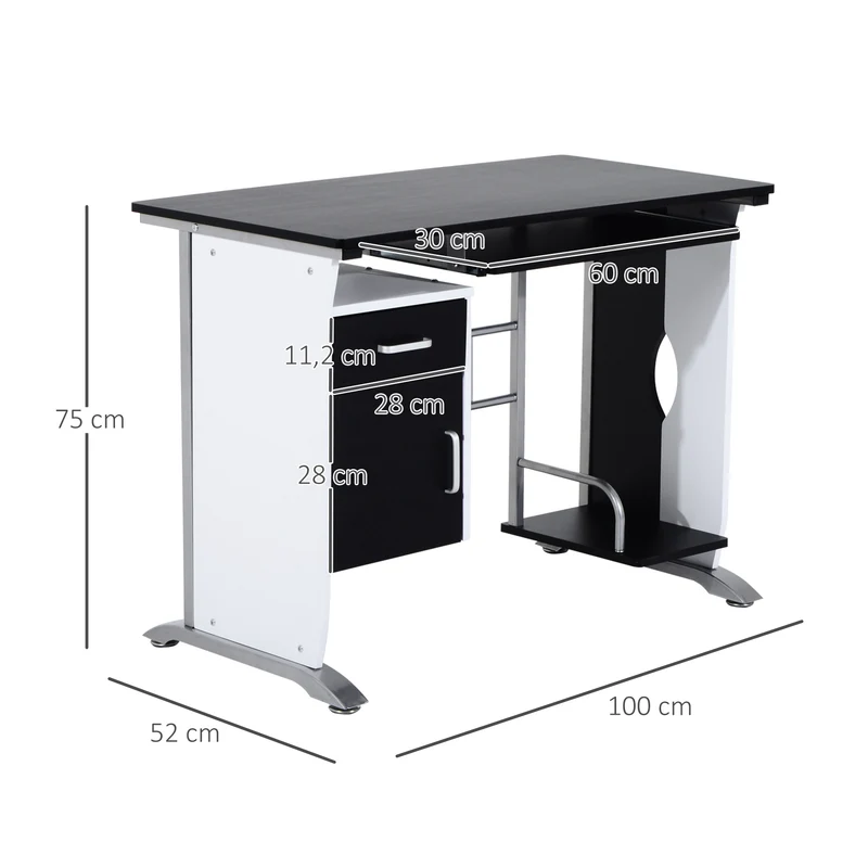 Bureau informatique 100 x 52 x 75 cm multi rangements surface mélaminée entretien facile design contemporain en MDF noir 21_0006120