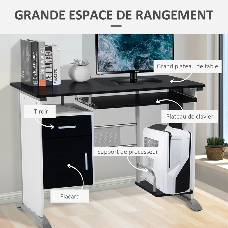 Bureau informatique 100 x 52 x 75 cm multi rangements surface mélaminée entretien facile design contemporain en MDF noir 21_0006120