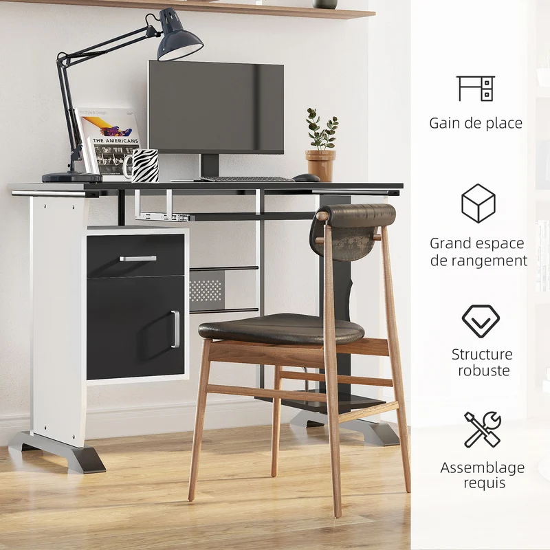 Bureau informatique 100 x 52 x 75 cm multi rangements surface mélaminée entretien facile design contemporain en MDF noir 21_0006120