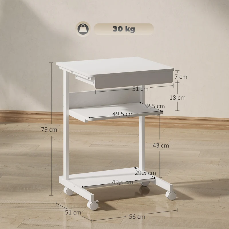 Bureau d'ordinateur à roulettes avec tiroir support unité centrale 56 x 51 x 79 cm épuré en panneau de particules blanc 21_0006139