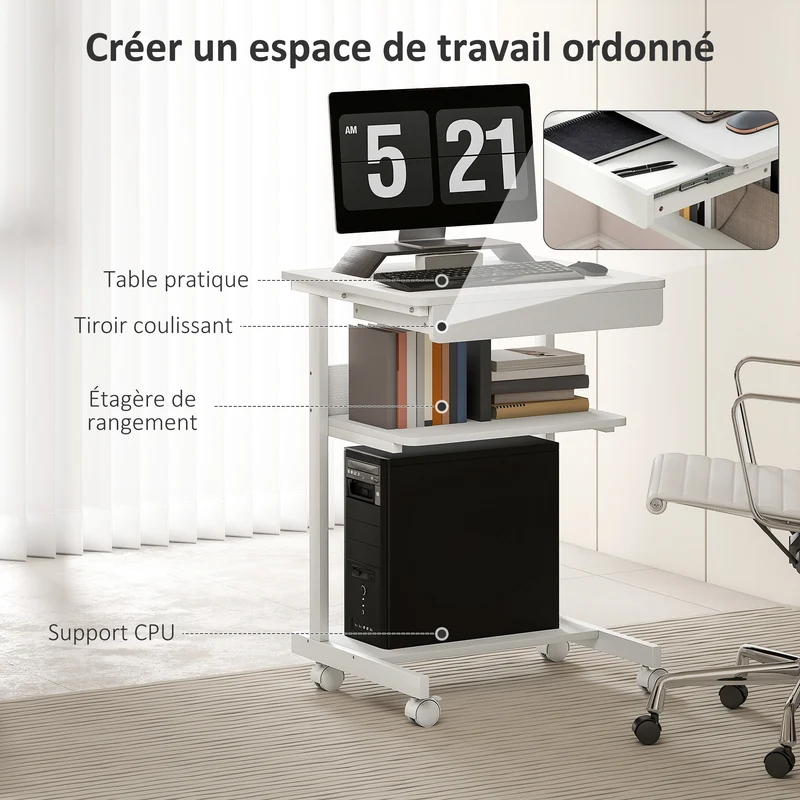 Bureau d'ordinateur à roulettes avec tiroir support unité centrale 56 x 51 x 79 cm épuré en panneau de particules blanc 21_0006139