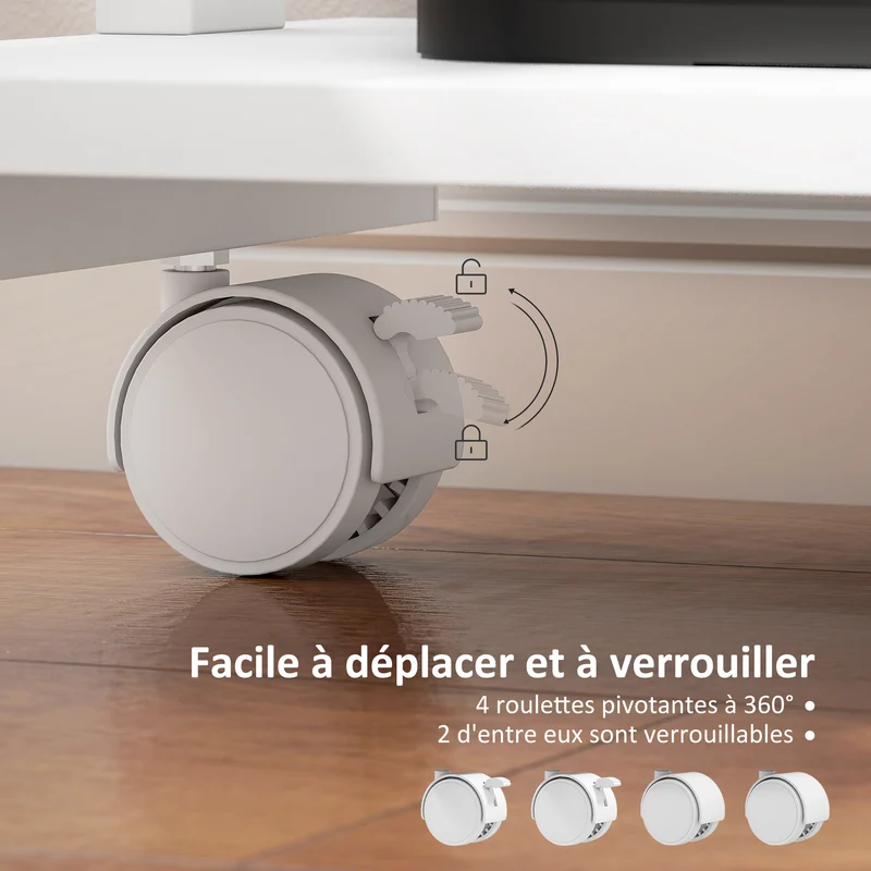 Bureau d'ordinateur à roulettes avec tiroir support unité centrale 56 x 51 x 79 cm épuré en panneau de particules blanc 21_0006139