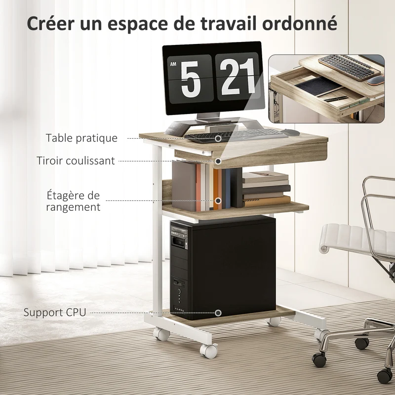 Bureau d'ordinateur sur roulettes 56 x 51 x 79 cm mobilité rangement intégré moderne en panneau de particules chêne 21_0006138