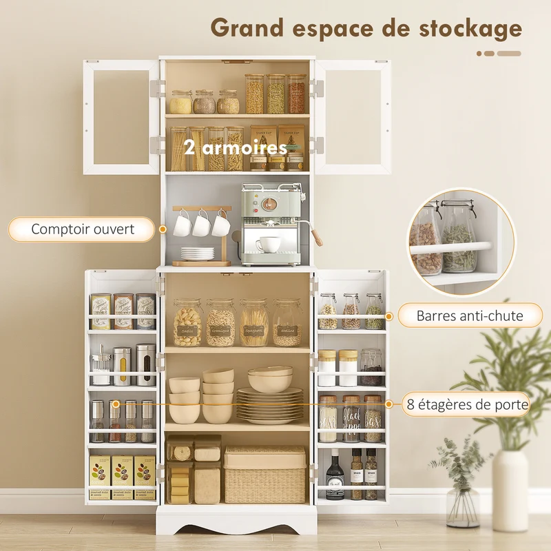 Buffet haut cuisine 60 x 39,5 x 179,6 cm rangement réglable coin café avec passe câbles moderne et épuré en MDF blanc 21_0003350