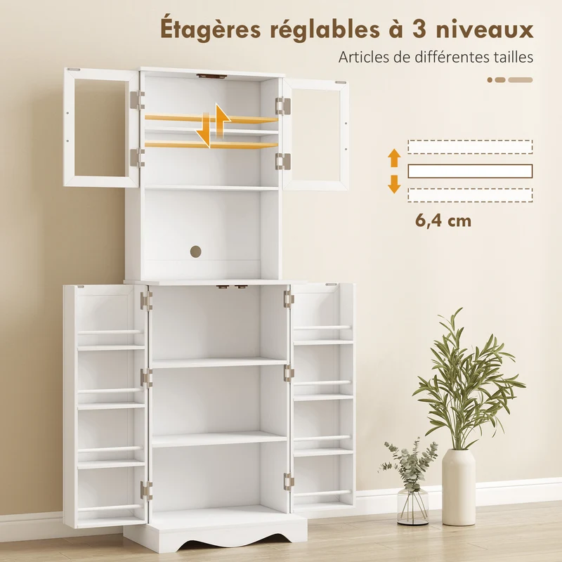 Buffet haut cuisine 60 x 39,5 x 179,6 cm rangement réglable coin café avec passe câbles moderne et épuré en MDF blanc 21_0003350