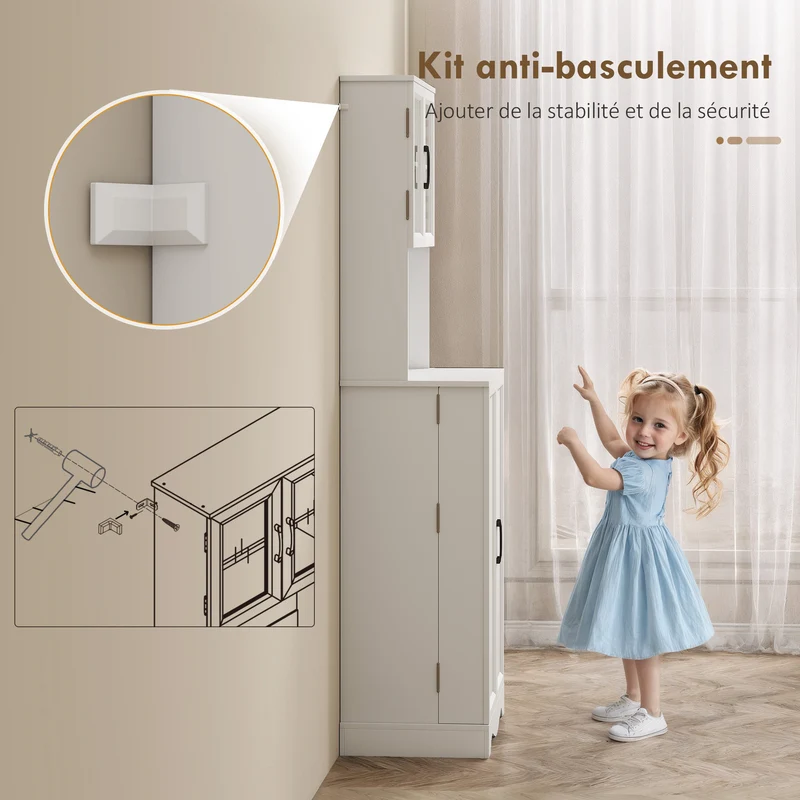 Buffet haut cuisine 60 x 39,5 x 179,6 cm rangement réglable coin café avec passe câbles moderne et épuré en MDF blanc 21_0003350