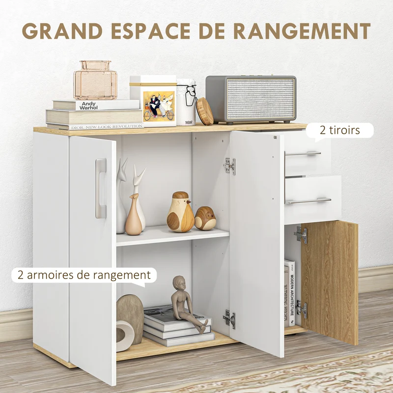 Buffet de rangement salon 90 x 30 x 75.5 cm rangement optimisé étagère réglable moderne en panneau de particules blanc 21_0002919