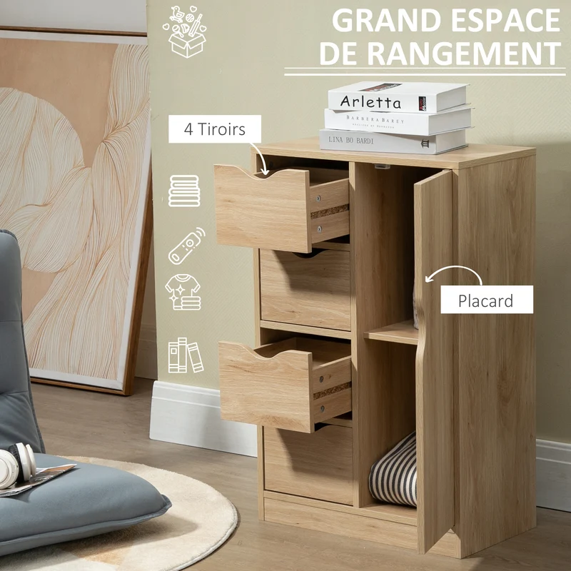 Buffet de rangement 54 x 29 x 83 cm 1 placard 4 tiroirs anti-basculement scandinave épuré en panneau de particules marron 21_0002833