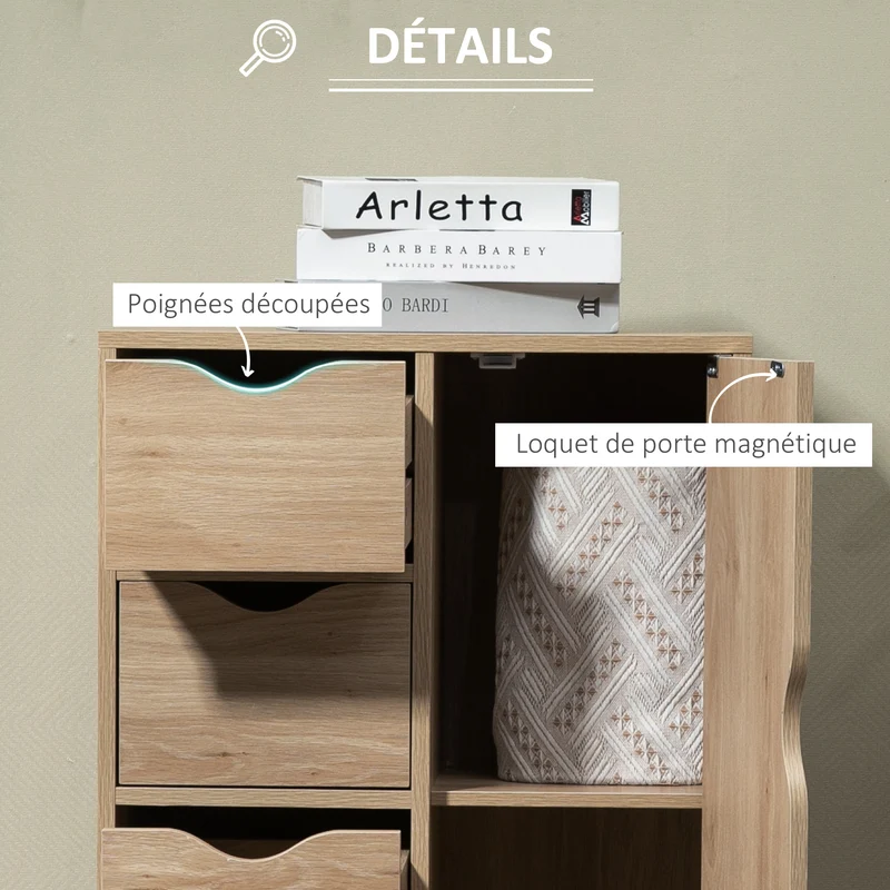 Buffet de rangement 54 x 29 x 83 cm 1 placard 4 tiroirs anti-basculement scandinave épuré en panneau de particules marron 21_0002833