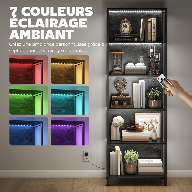 Bibliothèque 5 niveaux 60 x 30 x 179 cm éclairage led 7 couleurs gain de place industriel anti basculement en acier noir 21_0002568
