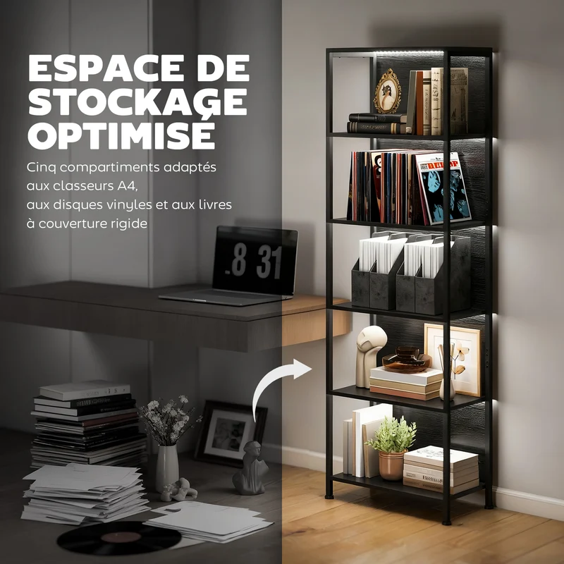 Bibliothèque 5 niveaux 60 x 30 x 179 cm éclairage led 7 couleurs gain de place industriel anti basculement en acier noir 21_0002568
