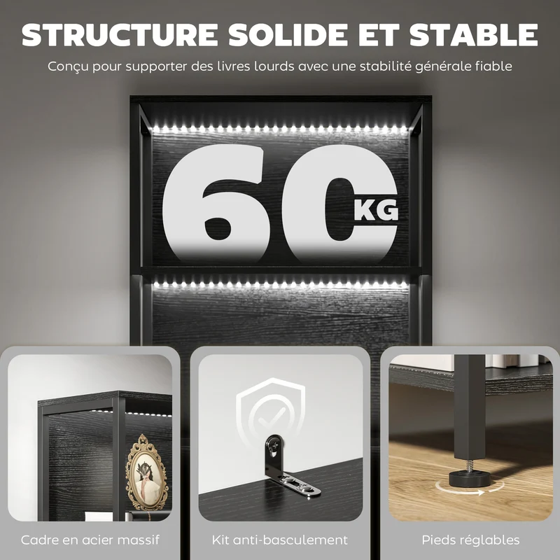 Bibliothèque 5 niveaux 60 x 30 x 179 cm éclairage led 7 couleurs gain de place industriel anti basculement en acier noir 21_0002568