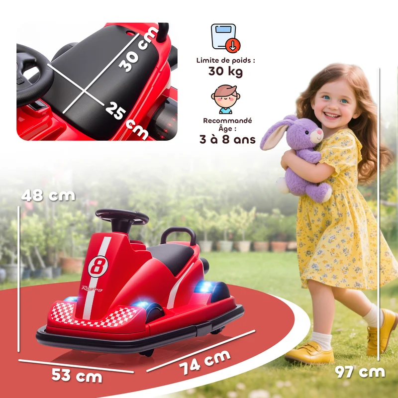 Auto-tamponneuse enfant rotation 360° 74 x 53 x 48 cm démarrage doux klaxon musique moderne tendance en plastique rouge 21_0000637