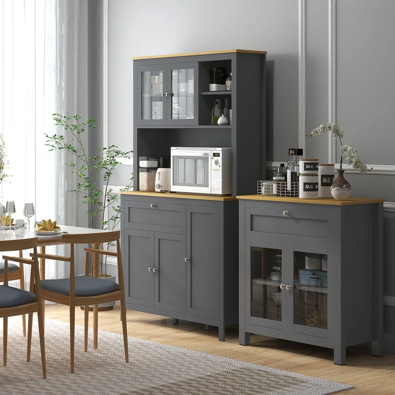 Armoire de cuisine buffet 5 portes 2 vitrées 1 tiroir 100 x 40 x 180 cm étagères réglables pratique moderne en MDF gris 21_0003191