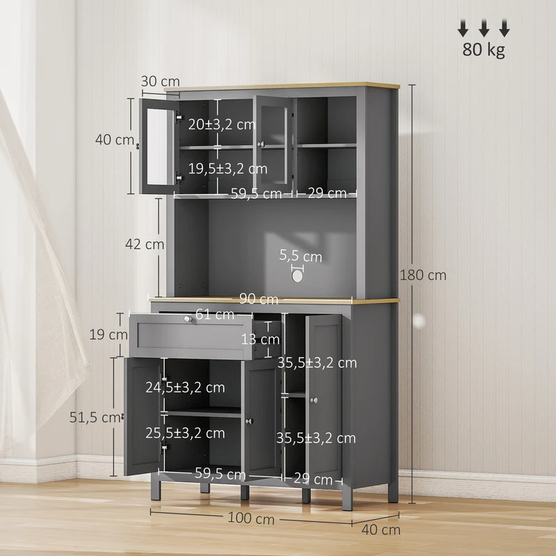 Armoire de cuisine buffet 5 portes 2 vitrées 1 tiroir 100 x 40 x 180 cm étagères réglables pratique moderne en MDF gris 21_0003191