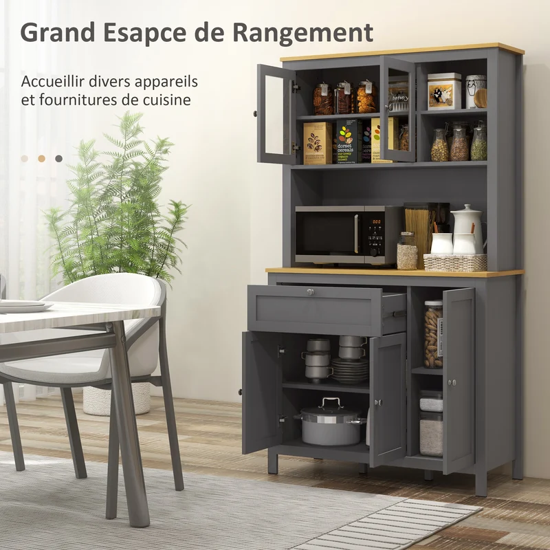 Armoire de cuisine buffet 5 portes 2 vitrées 1 tiroir 100 x 40 x 180 cm étagères réglables pratique moderne en MDF gris 21_0003191
