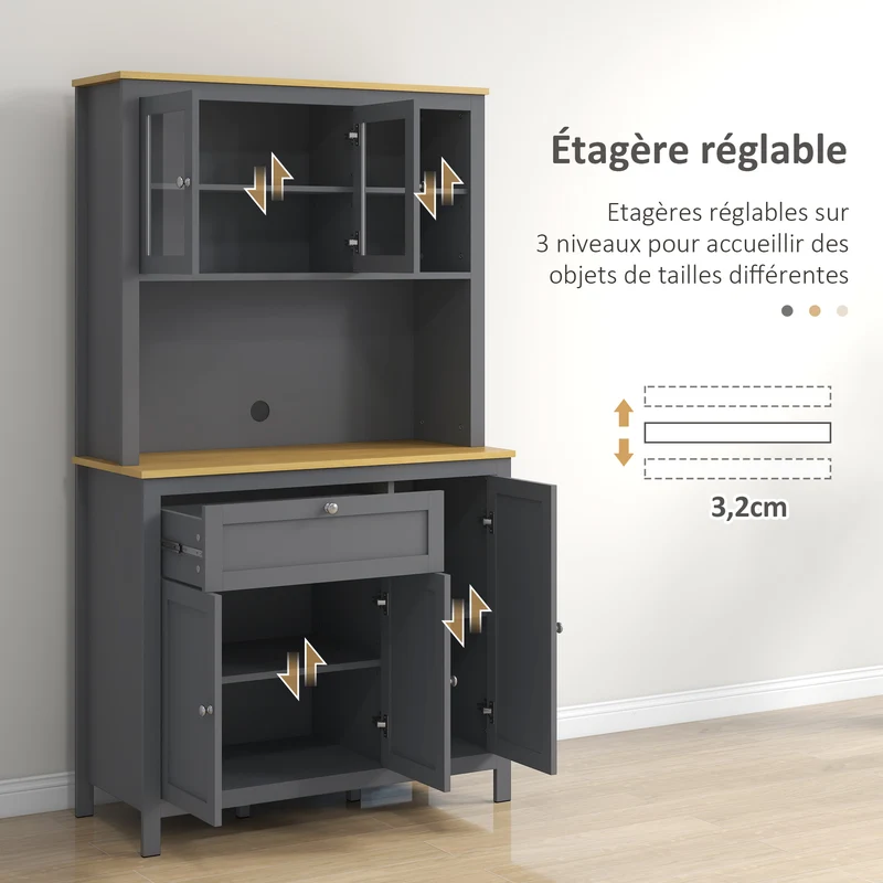 Armoire de cuisine buffet 5 portes 2 vitrées 1 tiroir 100 x 40 x 180 cm étagères réglables pratique moderne en MDF gris 21_0003191