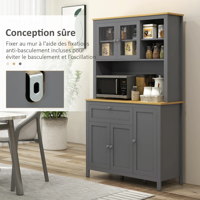 Armoire de cuisine buffet 5 portes 2 vitrées 1 tiroir 100 x 40 x 180 cm étagères réglables pratique moderne en MDF gris 21_0003191