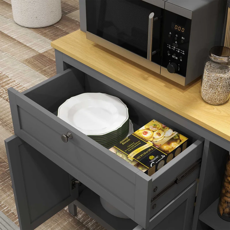 Armoire de cuisine buffet 5 portes 2 vitrées 1 tiroir 100 x 40 x 180 cm étagères réglables pratique moderne en MDF gris 21_0003191
